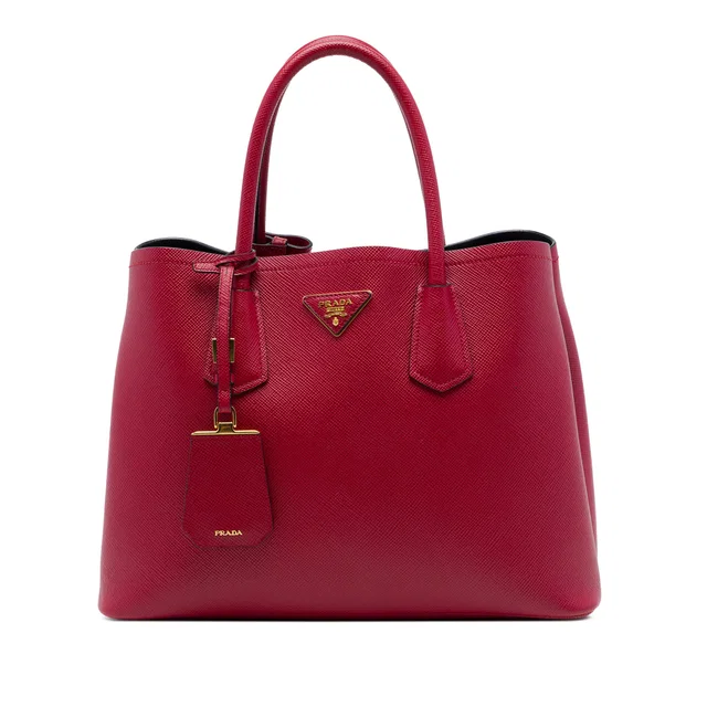 Red Prada Medium Saffiano Cuir Double Satchel in Red Saffiano leather from Designer Revival