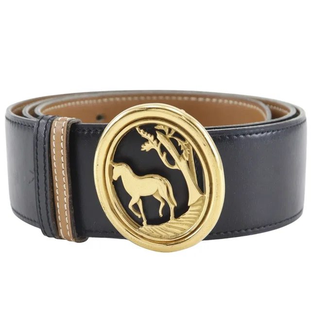 Hermès Hose Buckle Reversible Vintage Box Calf Gold Plated Black Brown Belt in Black Box leather from The Reluxe