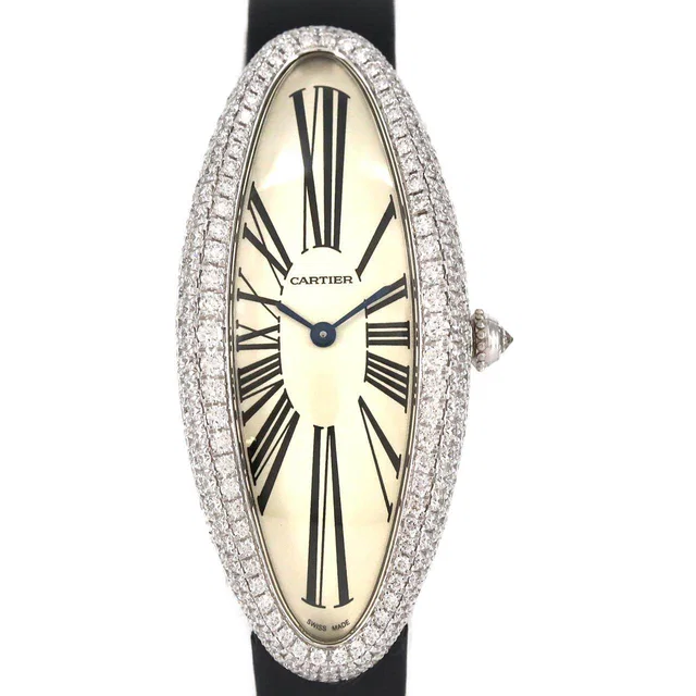 Cartier Baignoire Allongée MM White Gold Manual Winding in White Crocodile from LuxUness