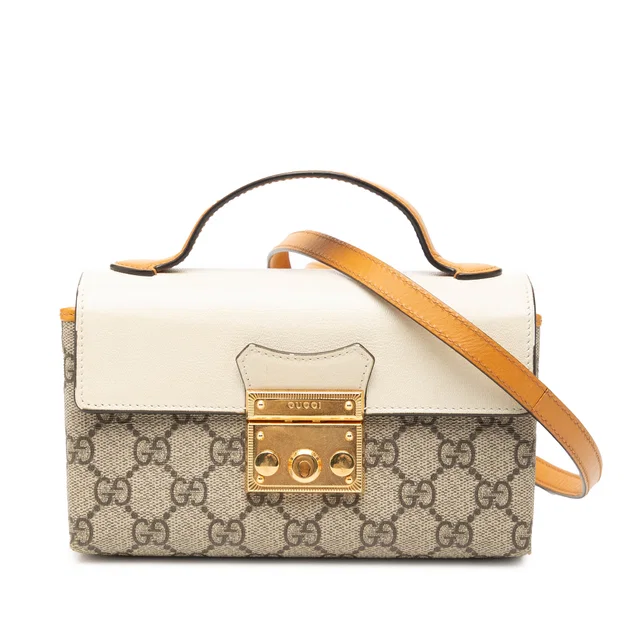 Beige Gucci Mini GG Supreme Padlock Satchel in Beige Coated canvas from Designer Revival