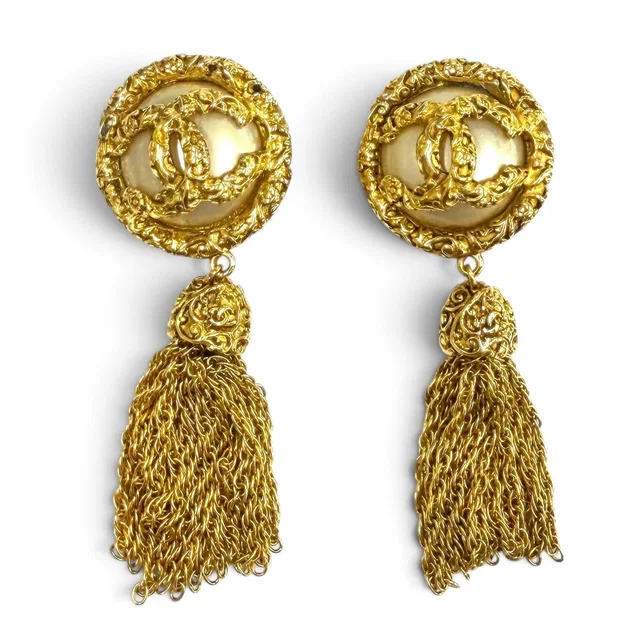 Chanel Vintage 93A CC Logo Lava Eco Pearl Earrings Gold in Gold from The Reluxe