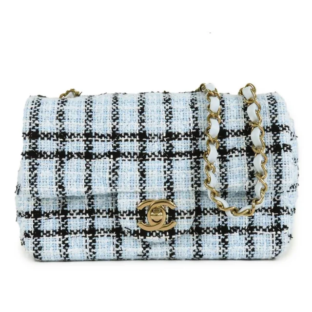 Chanel Mini Quilted Blue Black Gold Tweed Leather Chain Shoulder Bag 20 in Black Tweed from The Reluxe