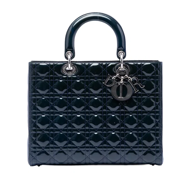 Blue Dior Large Patent Cannage Lady Dior Satchel in Blue Patent leather from Designer Revival