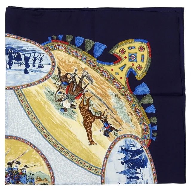 Hermès Carré 90 Cavaliers Peuls Pattern Scarf Navy/Multi in Navy Silk from VINTAGE QOO TOKYO, photo 3 of 10
