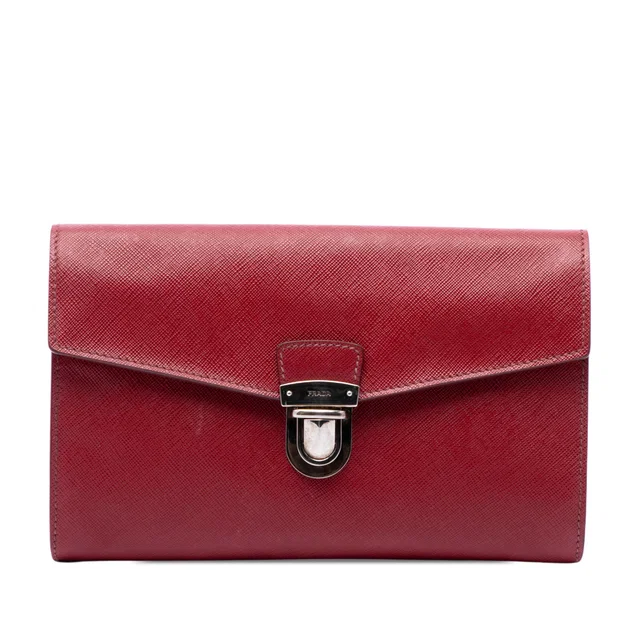 Red Prada Saffiano Envelope Pushlock Clutch in Red Saffiano leather from Designer Revival