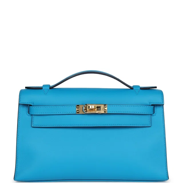 Hermès Kelly Pochette Bleu Frida Swift Gold Hardware in Blue Swift leather from Madison Avenue Couture