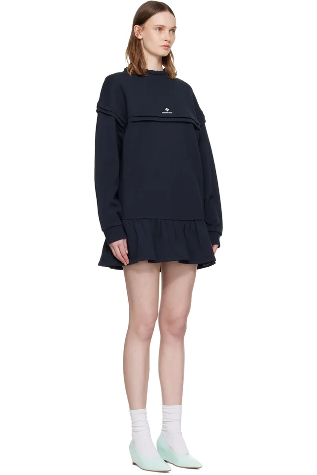 SHUSHU/TONG Navy Raw-Edge Wave Collar Tuck Detail Sweatshirt Minidress, photo 2 of 4 from SSENSE