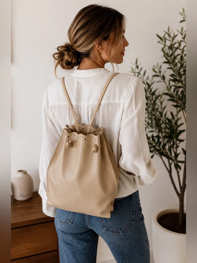 Furla Vintage Scalloped Leather Drawstring Backpack Beige Made In Italy in neutral|brown Leather from Poshmark