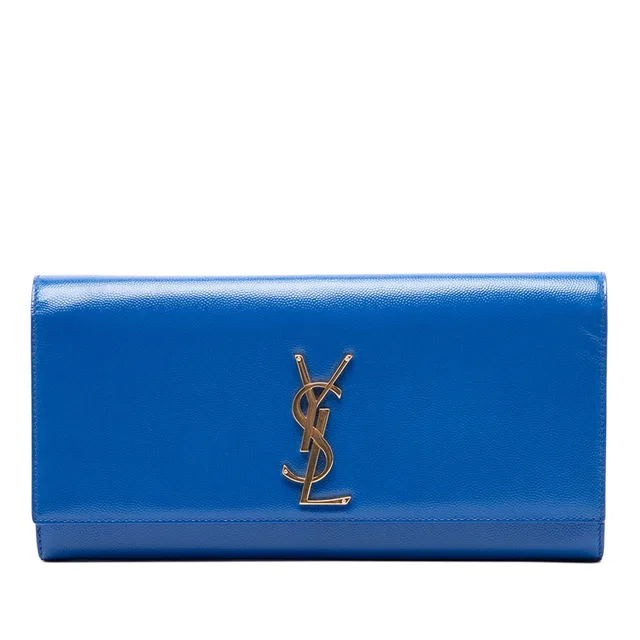 Blue Saint Laurent Grain De Poudre Monogram Cassandre Clutch in Blue Leather from Designer Revival