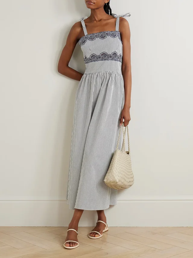 LORETTA CAPONI Sabine corded lace-trimmed gathered striped cotton-blend poplin maxi dress in Blue, photo 2 of 2 from NET-A-PORTER (Canada)