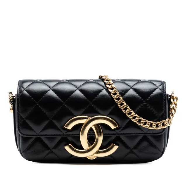 Black Chanel Quilted Lambskin Giant CC Flap Phone Holder with Chain Crossbody Bag in Black Lambskin from Designer Revival
