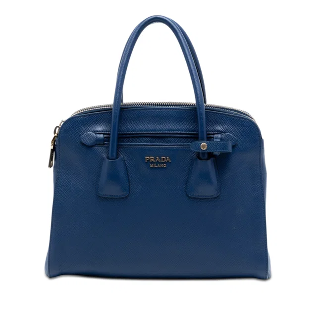 Blue Prada Saffiano Cuir Double Zip Top Handle Bag Satchel in Blue Saffiano leather from Designer Revival