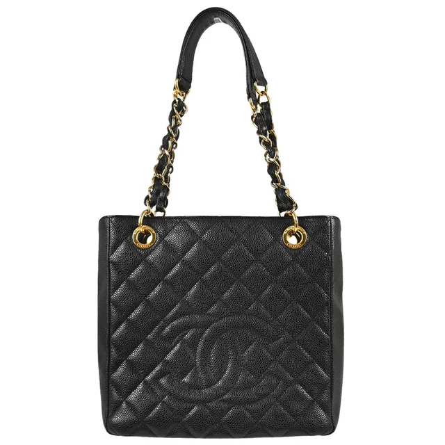 Chanel 2010-2011 Black Caviar Skin Petite Shopping Tote PST Chain Handbag in Black Caviar leather from AMORE Vintage Tokyo