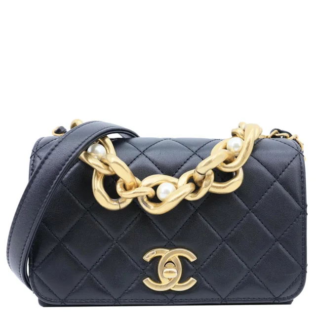 Chanel Pearl Boy Flap Mini Quilted Calfskin Leather Chain Crossbody Bag Black in Black Calfskin from Dallas Designer Handbags