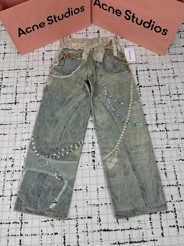 Acne Studios Washed Green Beaded Wide-Leg Jeans in green Denim from Poshmark