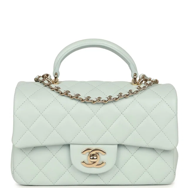 Chanel Mini Classic Rectangular Top Handle Flap Bag Light Blue Lambskin Light Gold Hardware in Blue Lambskin from Madison Avenue Couture