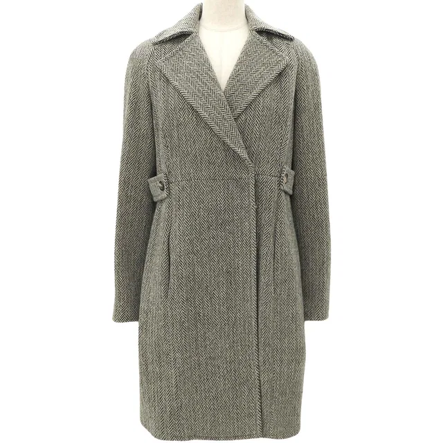 Celine Herringbone Pattern Logo Button Coat #36 Khaki in Green Wool from VINTAGE QOO TOKYO