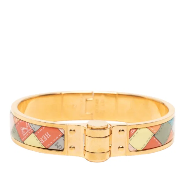 Gold Hermès Narrow Bolduc au Carre Enamel Hinge Bracelet PM in Gold from Designer Revival