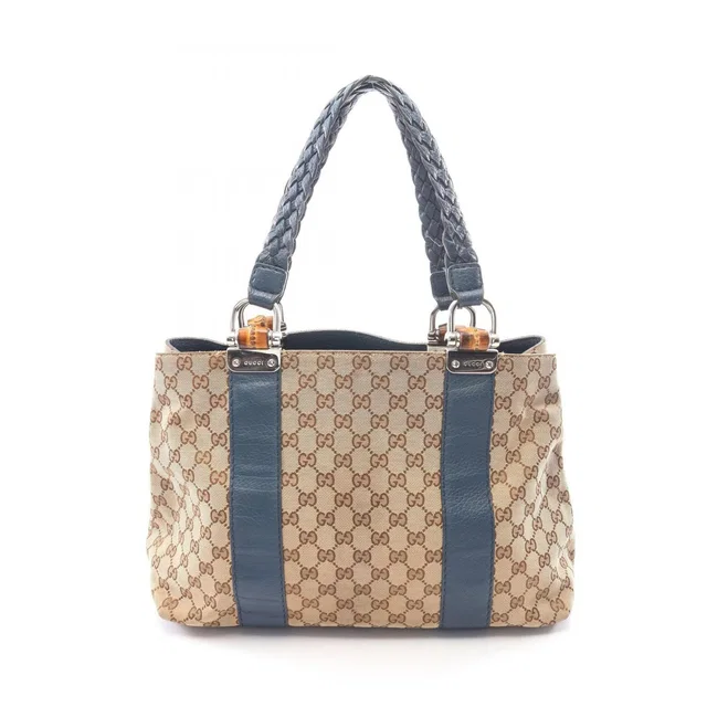 Gucci Tote Bag Bamboo GG Canvas Beige Blue in Beige Canvas from The Reluxe