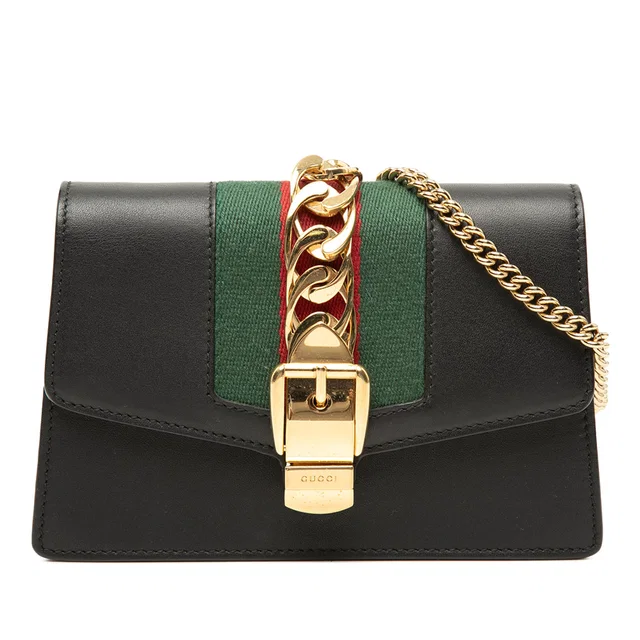 Black Gucci Super Mini Calfskin Web Sylvie Chain Crossbody in Black Calfskin from Designer Revival