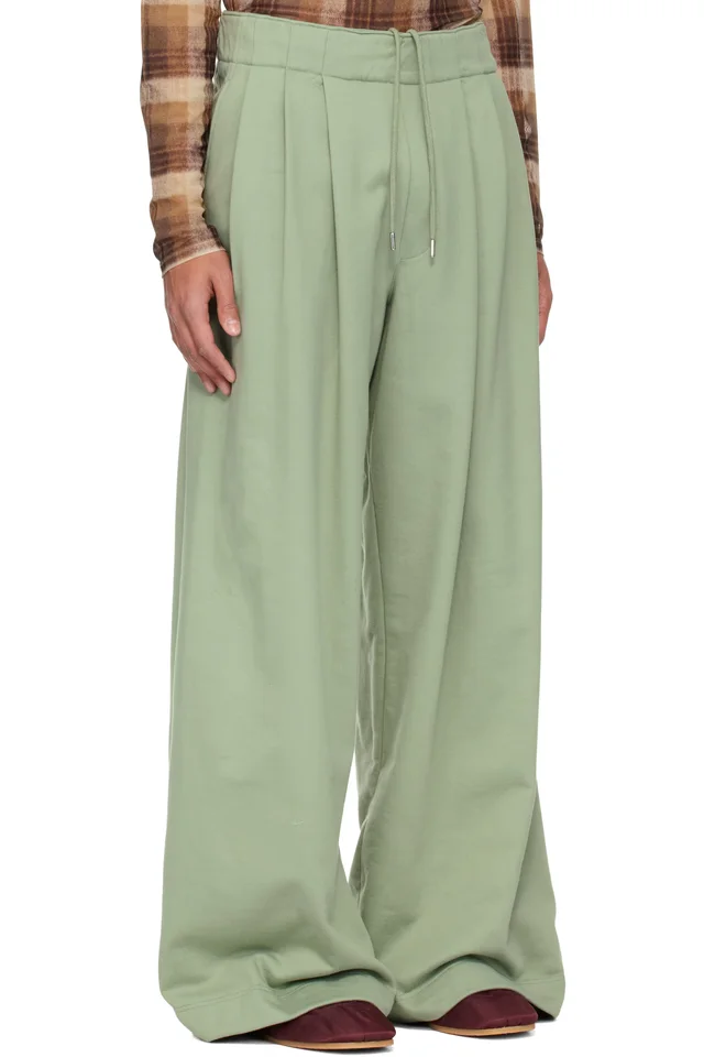 Dries Van Noten Green Pleated Sweatpants, photo 2 of 4 from SSENSE