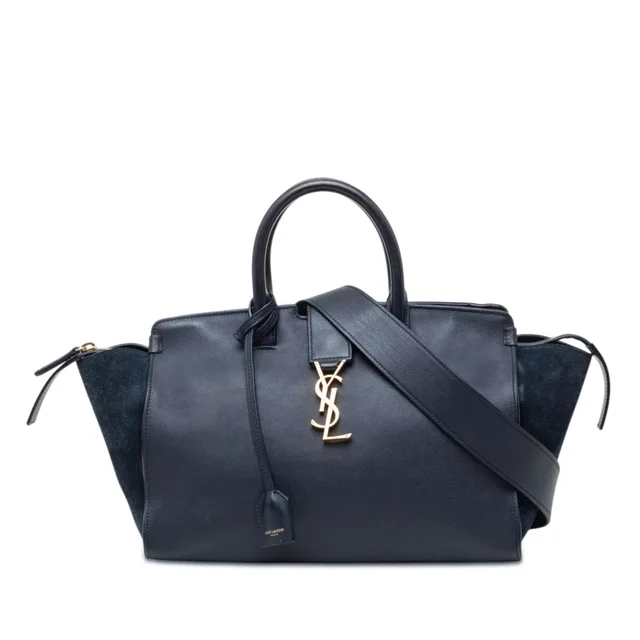 Blue Saint Laurent Small Suede Trimmed Calfskin Downtown Cabas Satchel in Blue Calfskin from Designer Revival, photo 1 of 1