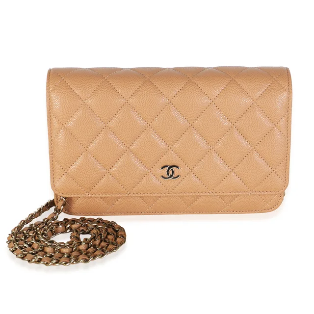 23P Chanel Dark Beige Quilted Caviar Classic Wallet on Chain in Beige Caviar leather from myGemma