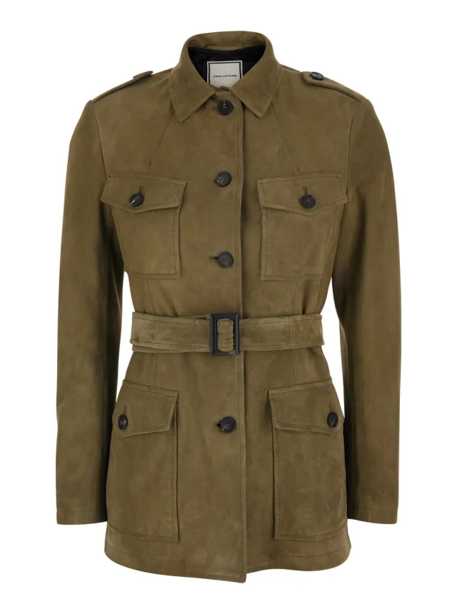Tagliatore Single-breasted jacket with classic collar and green leather belt for women in Green 100% Lamb from Gaudenzi Boutique, photo 1 of 1