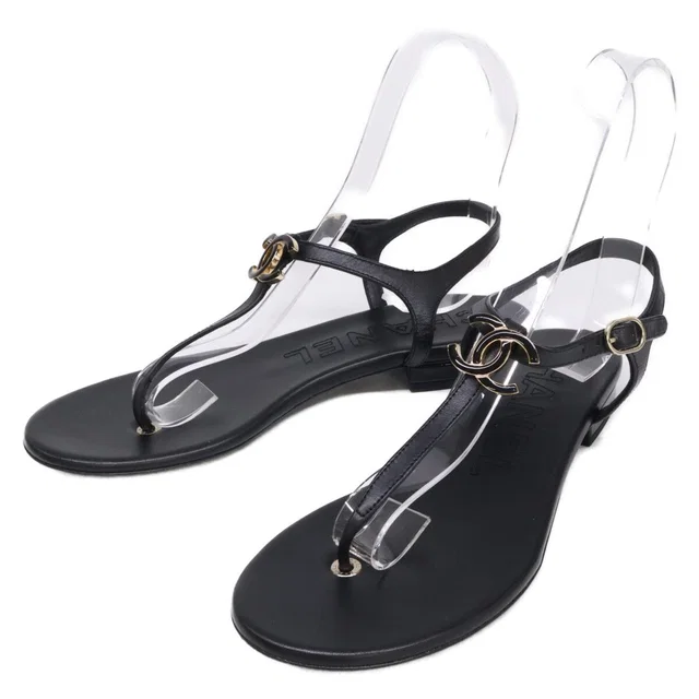 Chanel CC Logo Leather Ankle Strap Thong Sandals in Leather from The Reluxe