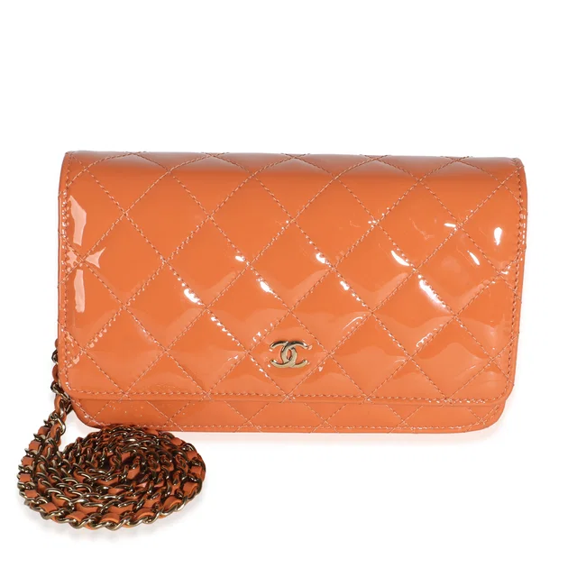 Chanel Dark Orange Quilted Patent Classic Wallet On Chain in Orange Patent leather from myGemma