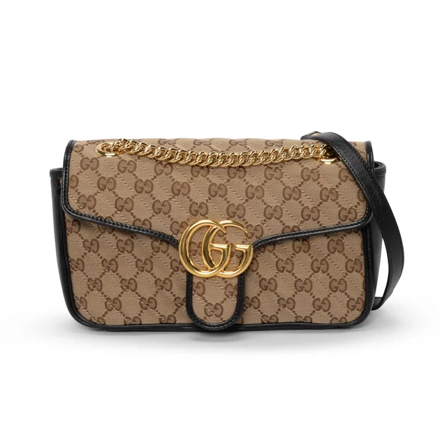 Gucci Monogram Matelasse Small GG Marmont Bag in Black & Beige from Blue Spinach