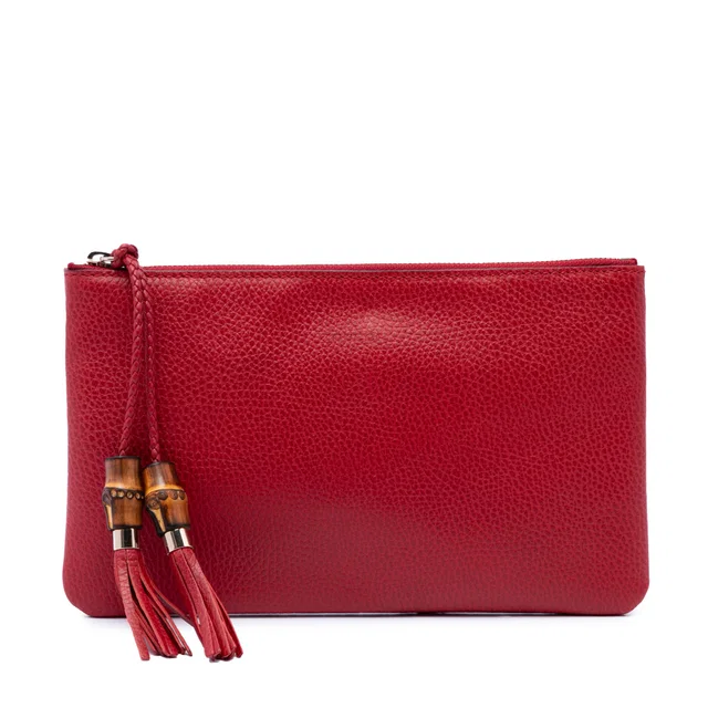 Red Gucci Calfskin Bamboo Clutch in Red Calfskin from Designer Revival
