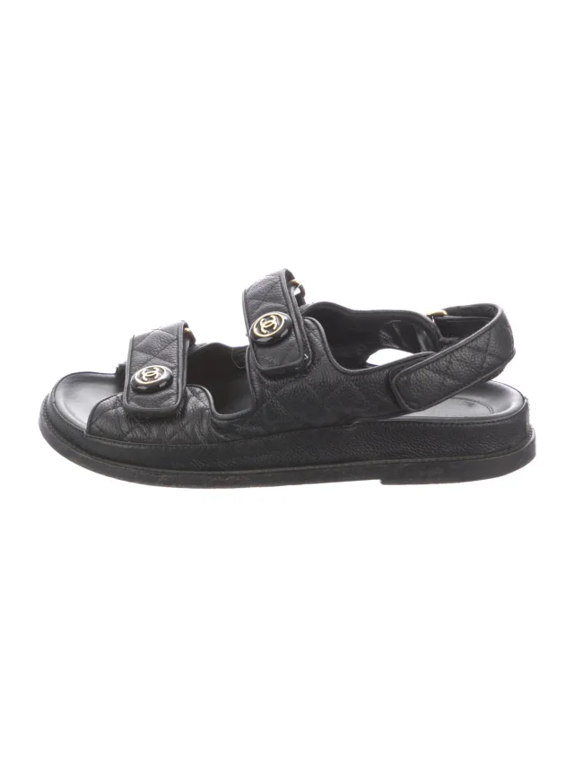 Chanel Interlocking CC Logo Leather Sandals in black Leather from The RealReal