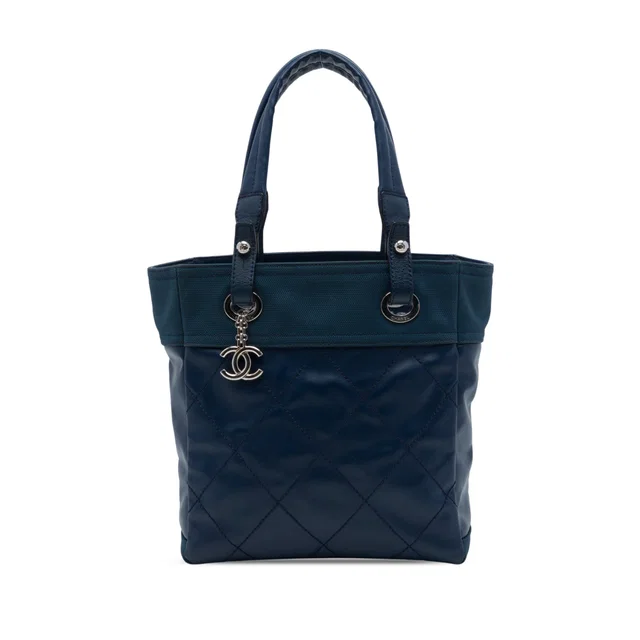 Blue Chanel Small Quilted Coated Canvas Paris Biarritz Tote in Blue Coated canvas from Designer Revival