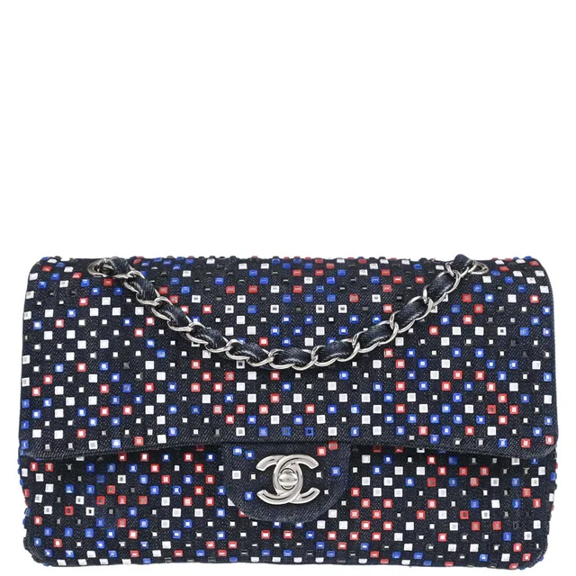 Chanel 2016-2017 Navy Denim Crystal Medium Classic Double Flap Shoulder Bag in Navy Denim from AMORE Vintage Tokyo