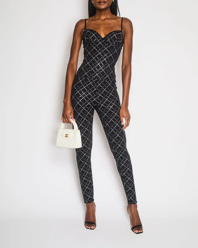 Chanel 20C Black Quilt Glittered Thin Strap Top and Leggings with Black and White CC Logo Detail Size… in Black from Sellier