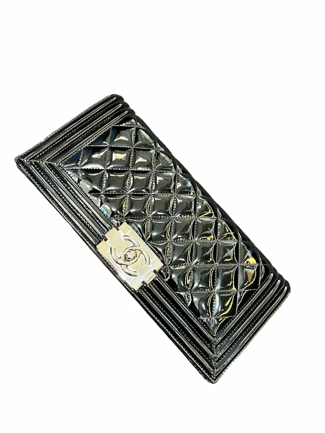 Chanel Boy Clutch Patent Black PHW #18 in Black Patent leather from Luxury Promise