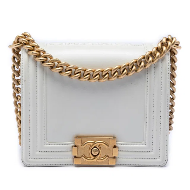 White Chanel Square Calfskin Boy Reverso Flap Crossbody Bag in White Calfskin from Designer Revival