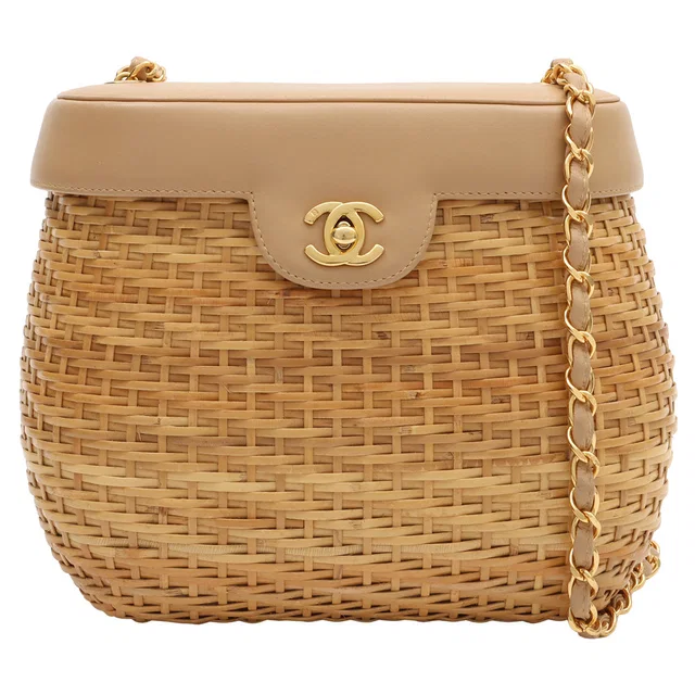 Chanel CC Mark Straw Chain Shoulder Bag, Beige, Circa 1998 in Beige Raffia from VINTAGE QOO TOKYO