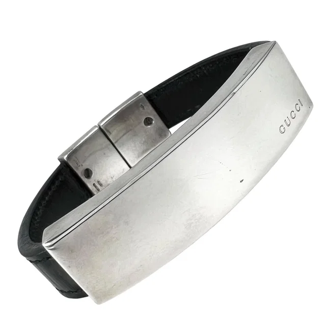 Gucci Logo Leather Silver Black Bangle Bracelet in Black Leather from The Reluxe