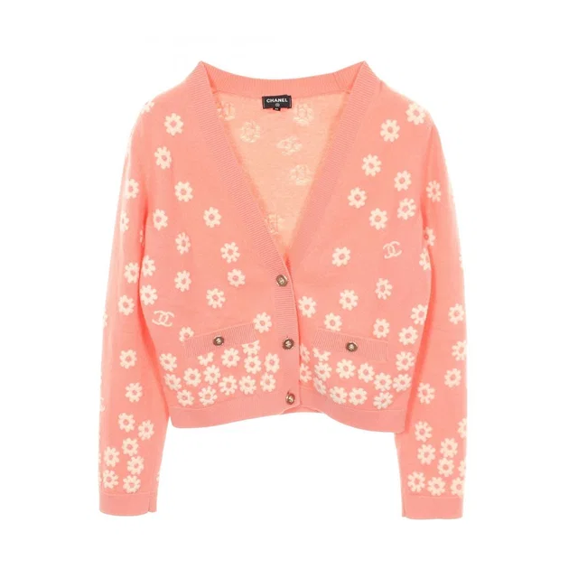 Chanel Cardigan CC Logo Flower Lion Button Pink Cashmere in Pink Cashmere from The Reluxe