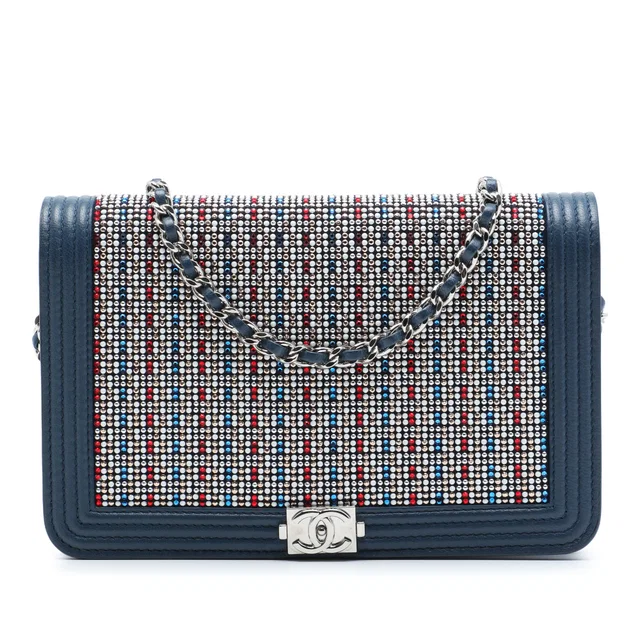 Blue Chanel Crystal Embellished Lambskin Boy Wallet On Chain Crossbody Bag in Blue Lambskin from Designer Revival