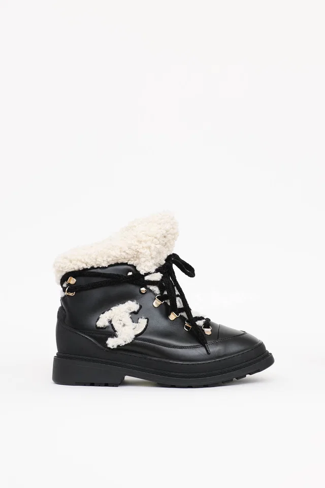 Chanel 2020 Shearling CC Hiking Boot in Leather from VSP Consignment
