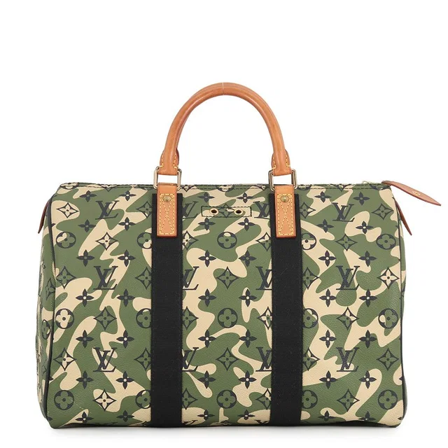 Louis Vuitton Handbag Monogram Flag Speedy 35 Camouflage Khaki Takashi Murakami in Green Leather from The Reluxe