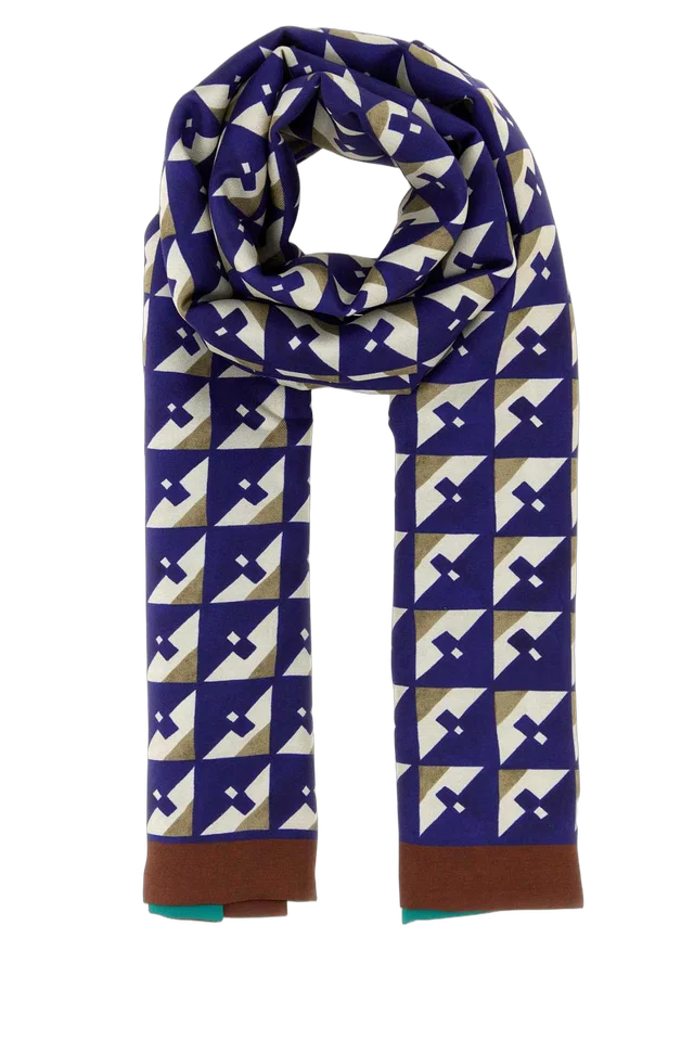 Miu Miu Geometric Silk Scarf — Navy Exterior: Scarfs in Navy Silk from HEWI