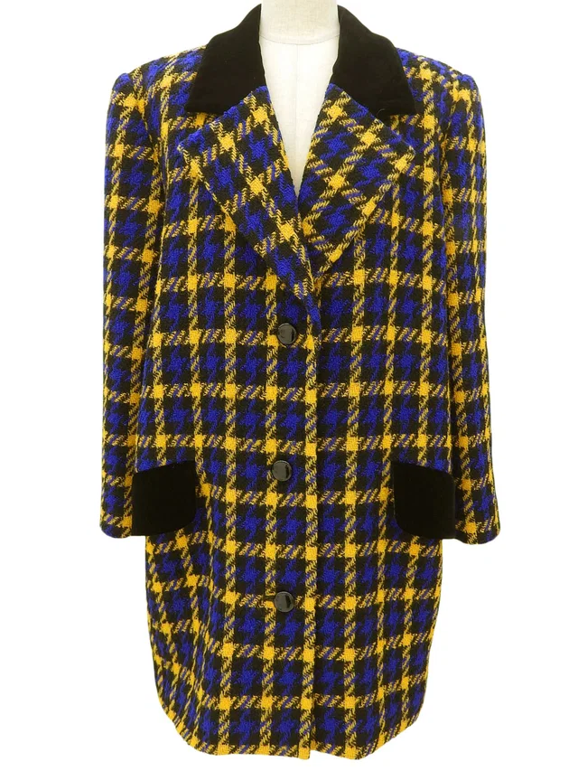 Givenchy Wool Velour Combo Check Pattern Coat #13 Yellow/Blue/Black in Black Wool from VINTAGE QOO TOKYO