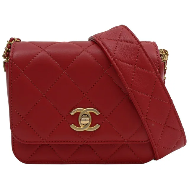 Chanel 2020 Production Matelassé Stitch CC Turn-lock Design Chain Shoulder Mini Bag Red in Red Lambskin from VINTAGE QOO TOKYO