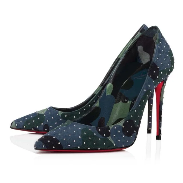 Christian Louboutin Camouflage Studded Pointed Toe Pumps With Red Soles in black|green from Poshmark