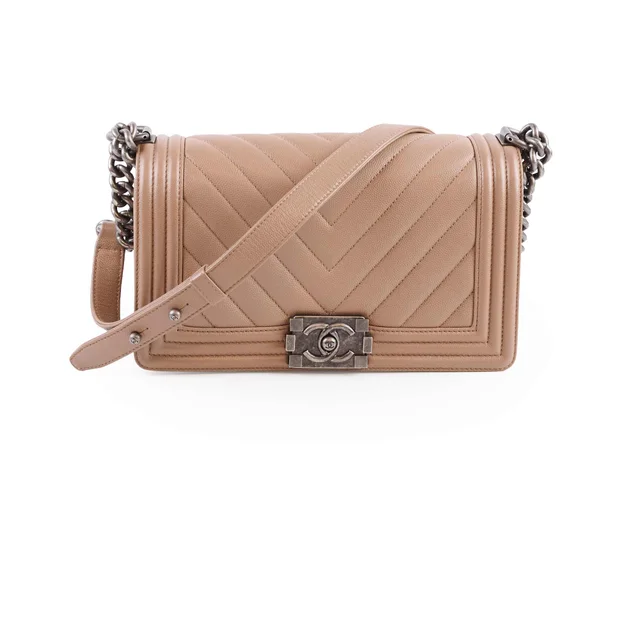 Chanel Old Medium Boy Chevron Taupe Latte Caviar in Taupe Caviar leather from The Purse Affair