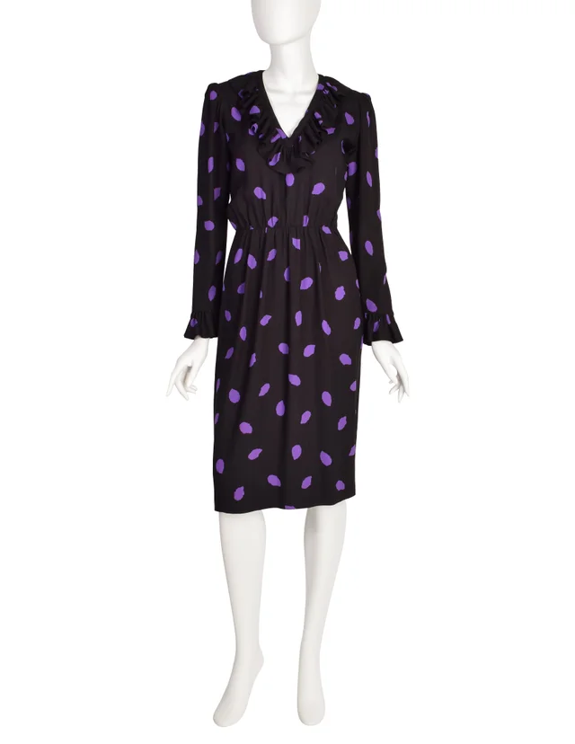 Saint Laurent Vintage 1970s Black Purple Leaf Print Ruffle Dress in Black from Amarcord Vintage Fashion